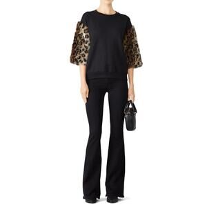 Harvey Faircloth Faux Fur Leopard Sweatshirt Black 3/4 Sleeve Pullover Size L